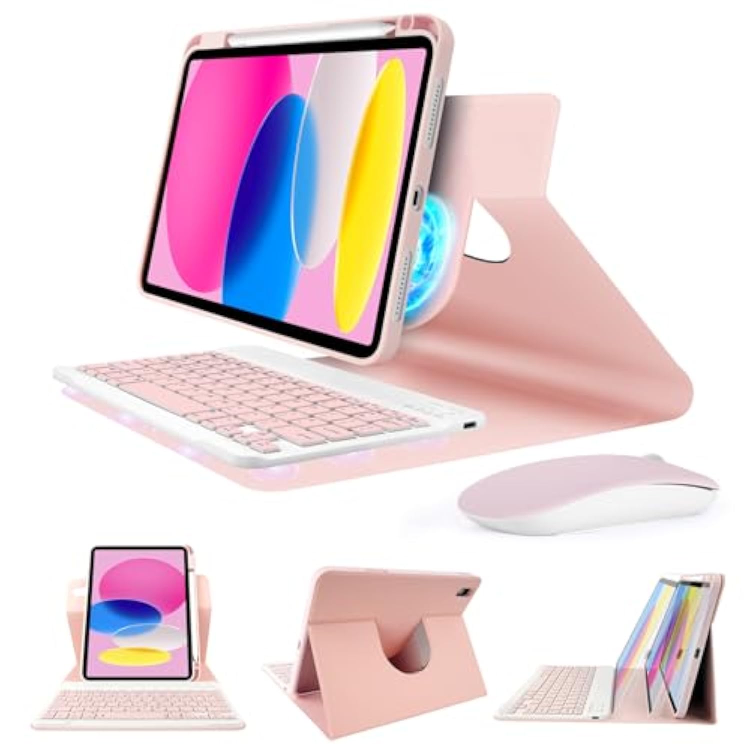 For Ipad 10Th Generation 10.9-Inch 2022 Keyboard Case With Mouse,Magnetically Detachable Wireless Keyboard Cover With Pencil Holder, Rotatable Keyboard Case For New Ipad 10Th Gen 2022 (Pink)