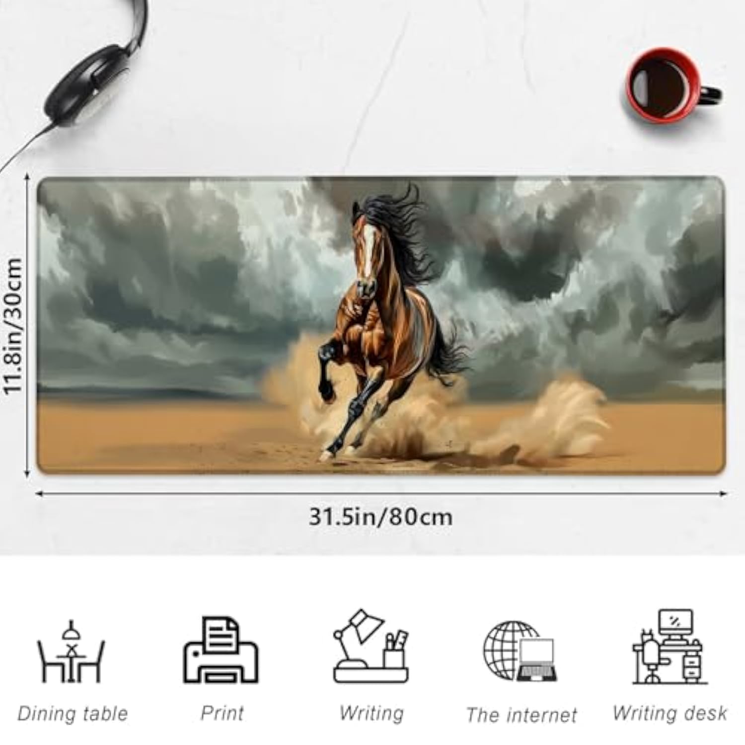 Horse Gaming Mouse Pad, 31.5"×11.8" Extended Desktop Mouse Pads For Keyboard Laptop Computer, Large Desk Mat With Stitched Edges For Work Office Desk Decor (Running Horse)