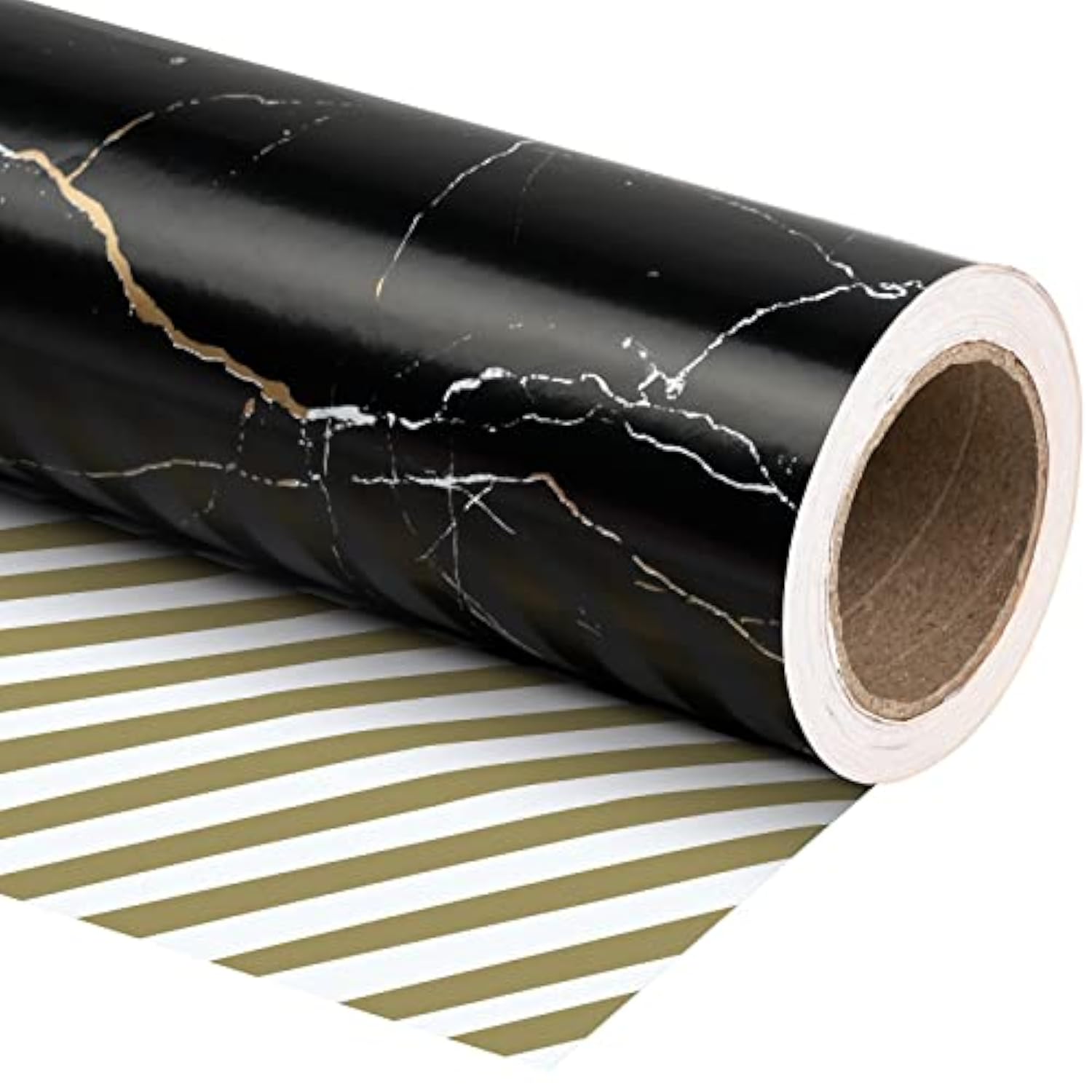 Reversible Wrapping Paper - Mini Roll - 17 Inch X 33 Feet - Black And Gold Marble Design, Perfect For Birthday, Holiday, Father'S Day, Baby Shower