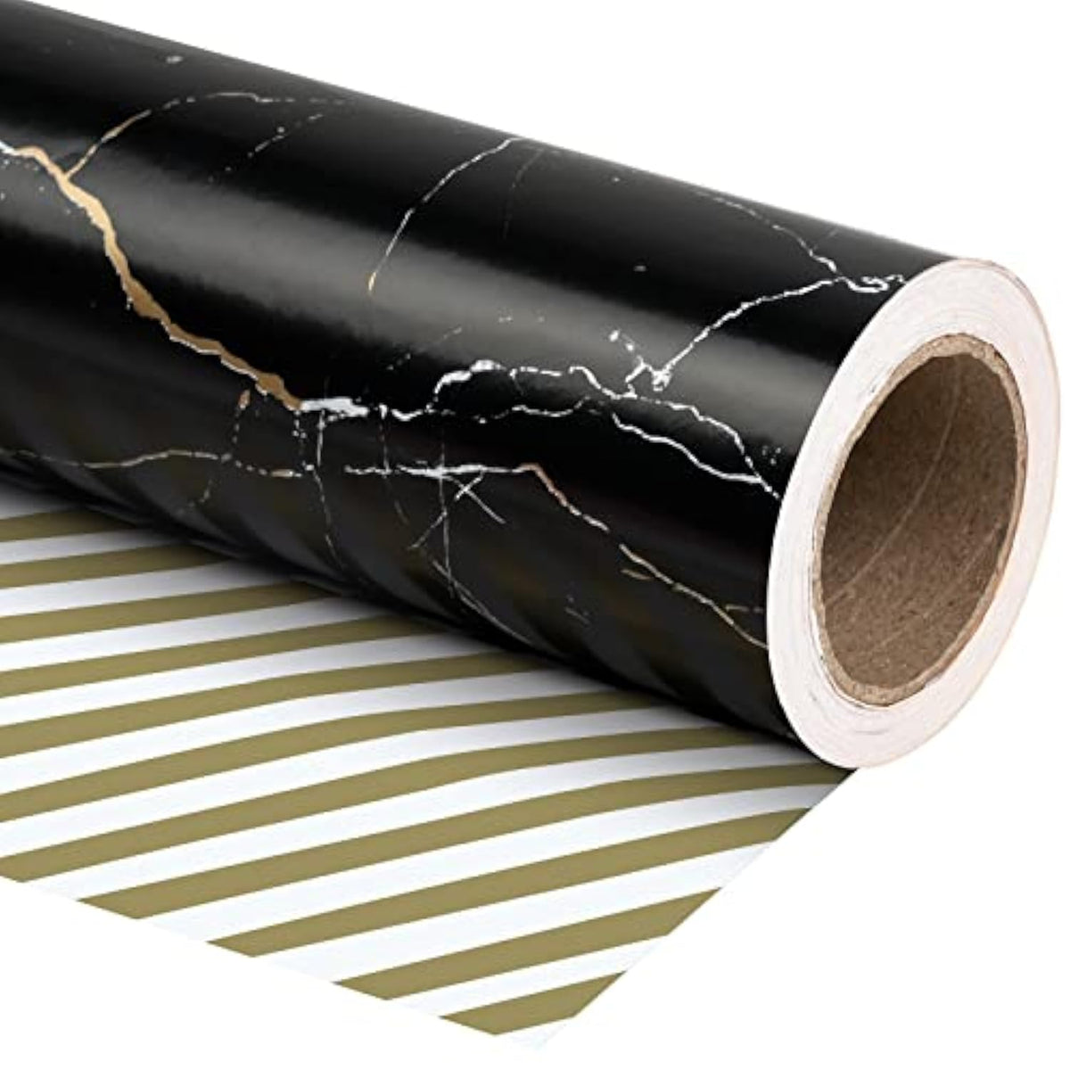 Reversible Wrapping Paper - Mini Roll - 17 Inch X 33 Feet - Black And Gold Marble Design, Perfect For Birthday, Holiday, Father'S Day, Baby Shower