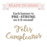 Pre-Strung Feliz Cumpleaños Banner - No Diy - Gold Glitter Spanish Happy Birthday Party Banner - Pre-Strung Script Garland On 6 Ft Strands - Gold Birthday Party Decorations & Decor - No Diy