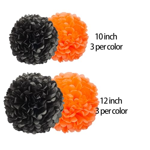 12Pcs Orange Black Hanging Tissue Paper Pom Poms,Ceiling Pompoms Flowers for Halloween Graduations Birthday Party Decorations