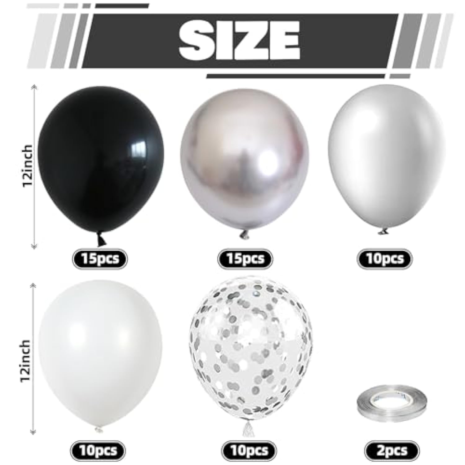 60Pcs Black and Silver Balloons - 12" Chrome Metallic & Confetti Balloons for Party Décor