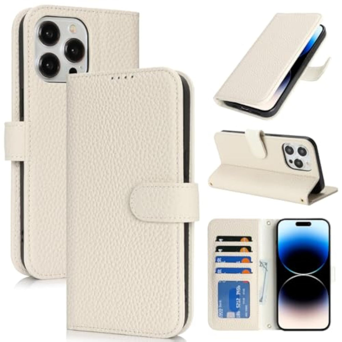 Genuine Leather Wallet Case for iPhone 14 Pro 6.1" with 4 Card Slots and RFID Blocking - Milky White