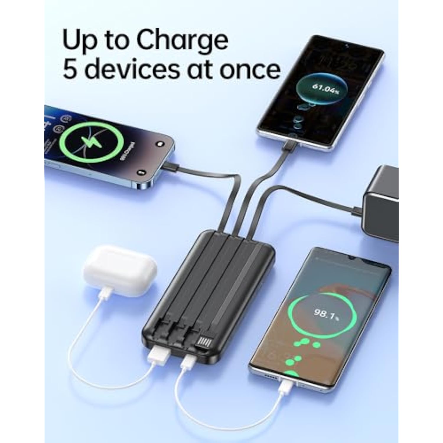Portable Charger With Built In Cable - 20000Mah Fast Charging 22.5W Slim Power Bank Usb C Led Display Travel Battery Pack 5 Outputs & 3 Inputs For Iphone Samsung Android Ipad Phones Tablets Etc