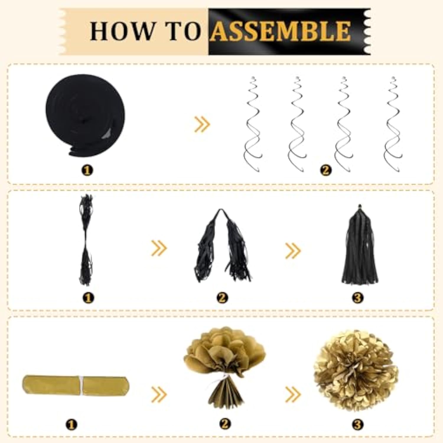 Black And Gold Birthday Party Decorations Kit For Men Women, Cheers Beer Confetti Black Gold Balloon Happy Birthday Banner Fringe Curtains Swirl Circle Dots Tassels Pom Graduation 30Th 40Th 50Th Him