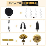 Black And Gold Birthday Party Decorations Kit For Men Women, Cheers Beer Confetti Black Gold Balloon Happy Birthday Banner Fringe Curtains Swirl Circle Dots Tassels Pom Graduation 30Th 40Th 50Th Him