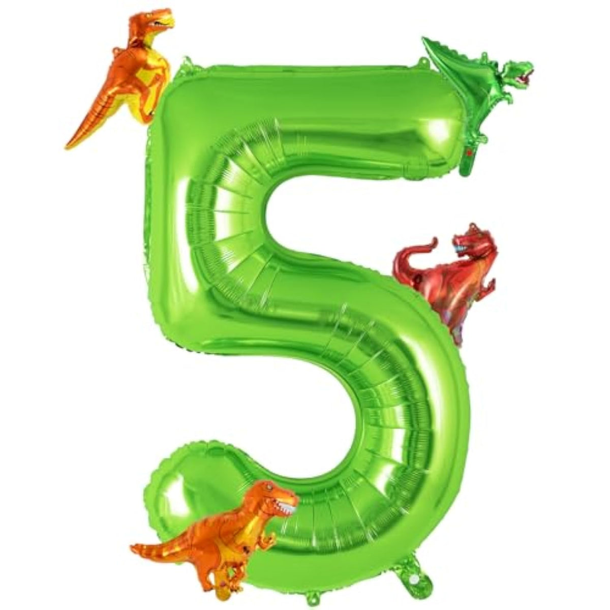 40" Green Number 5 Balloon with Mini Dinosaur Balloons 5th Birthday Decor