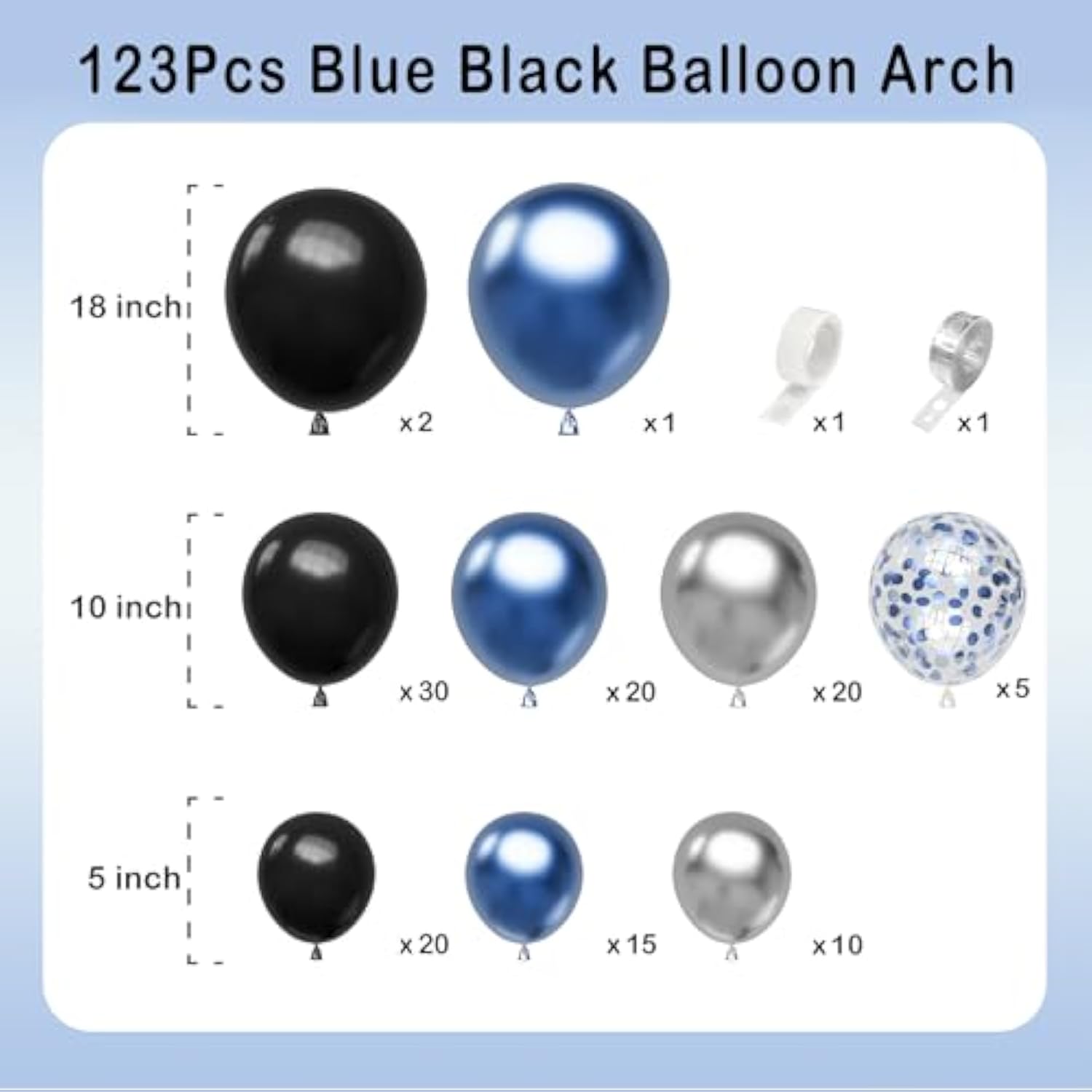 Blue Silver Black Balloons Garland Arch Kit-123Pcs Confetti Metallic Blue Balloons Party Decoration For Baby Shower Birthday New Years Graduation Anniversary Retirement
