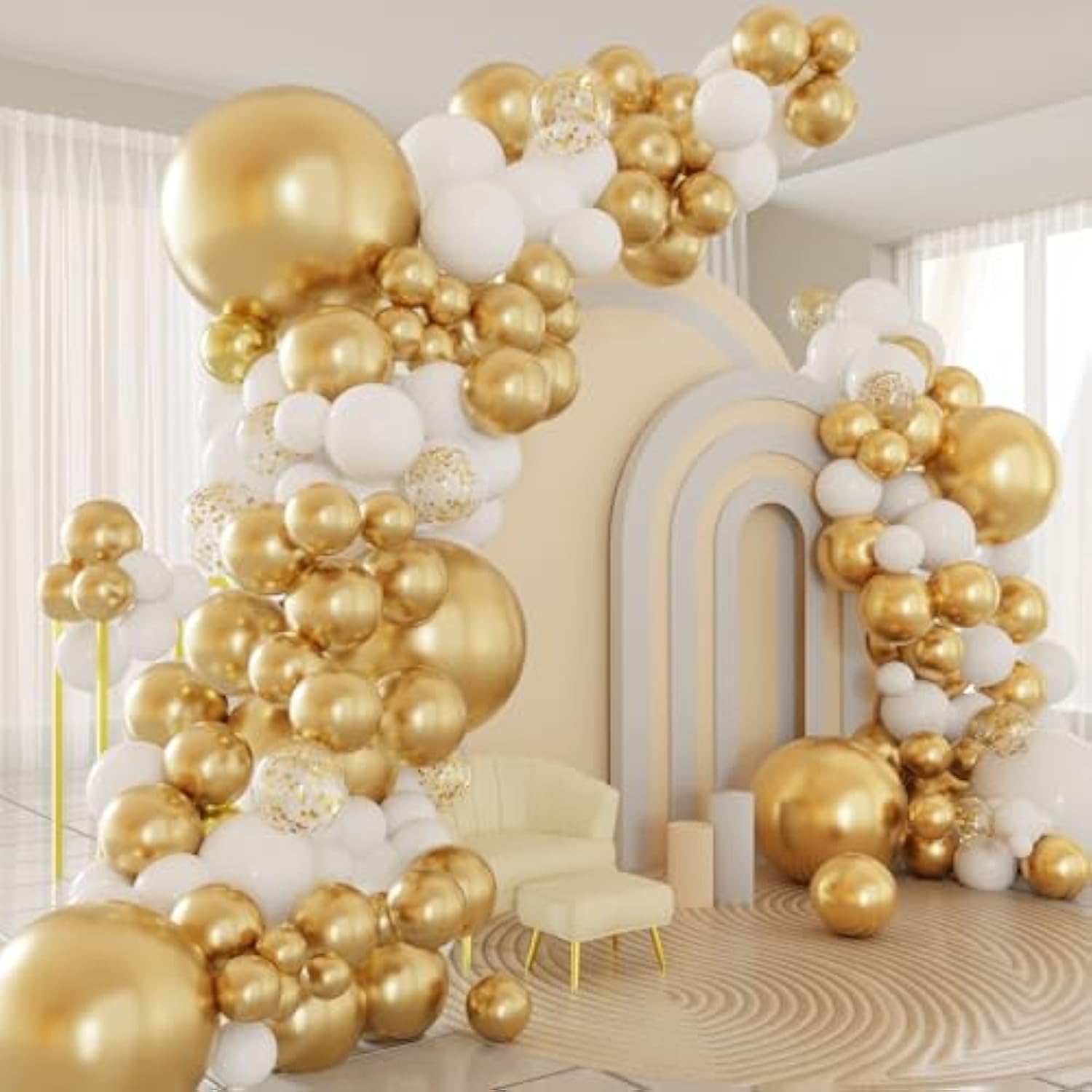White & Gold Balloon Arch Kit: 124-Piece Confetti Party Garland