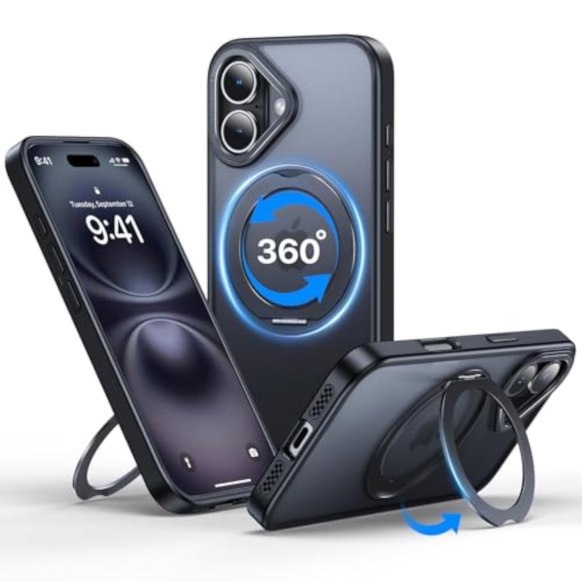 iPhone 16 Case with 360° Rotatable Ring Stand, Raised Camera, Shockproof, MagSafe