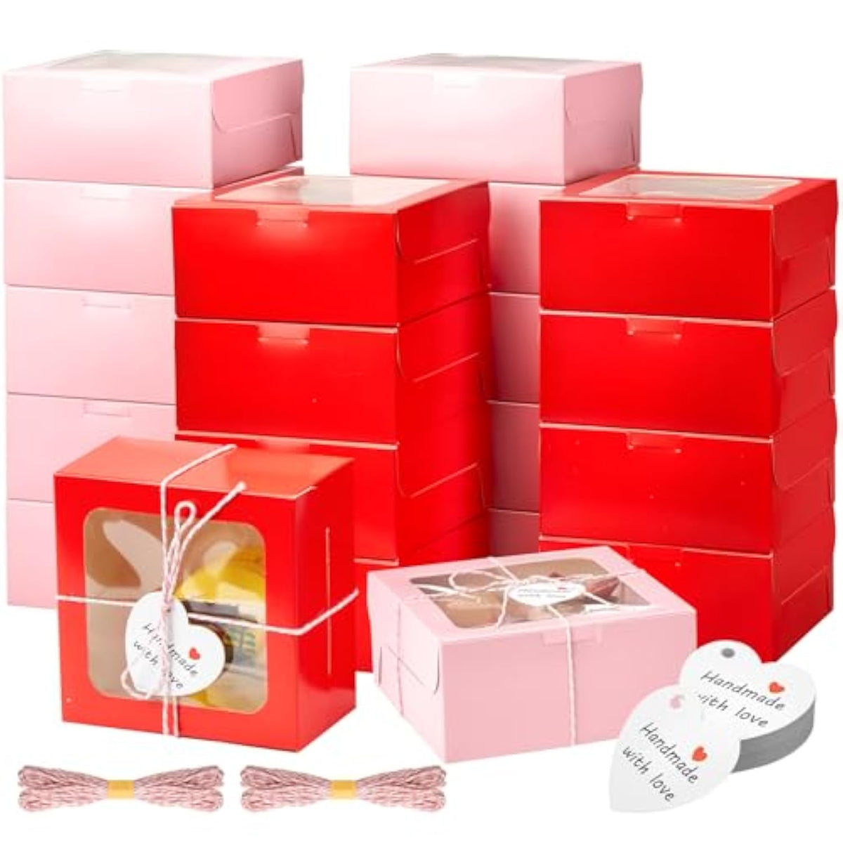 50 Pcs Valentine'S Day Cookie Boxes With Window 4X4X2.8 Inch Red Pink Pastry Bakery Treat Boxes Individual Cupcake Container For Valentines Macaroon Wedding Birthday Party