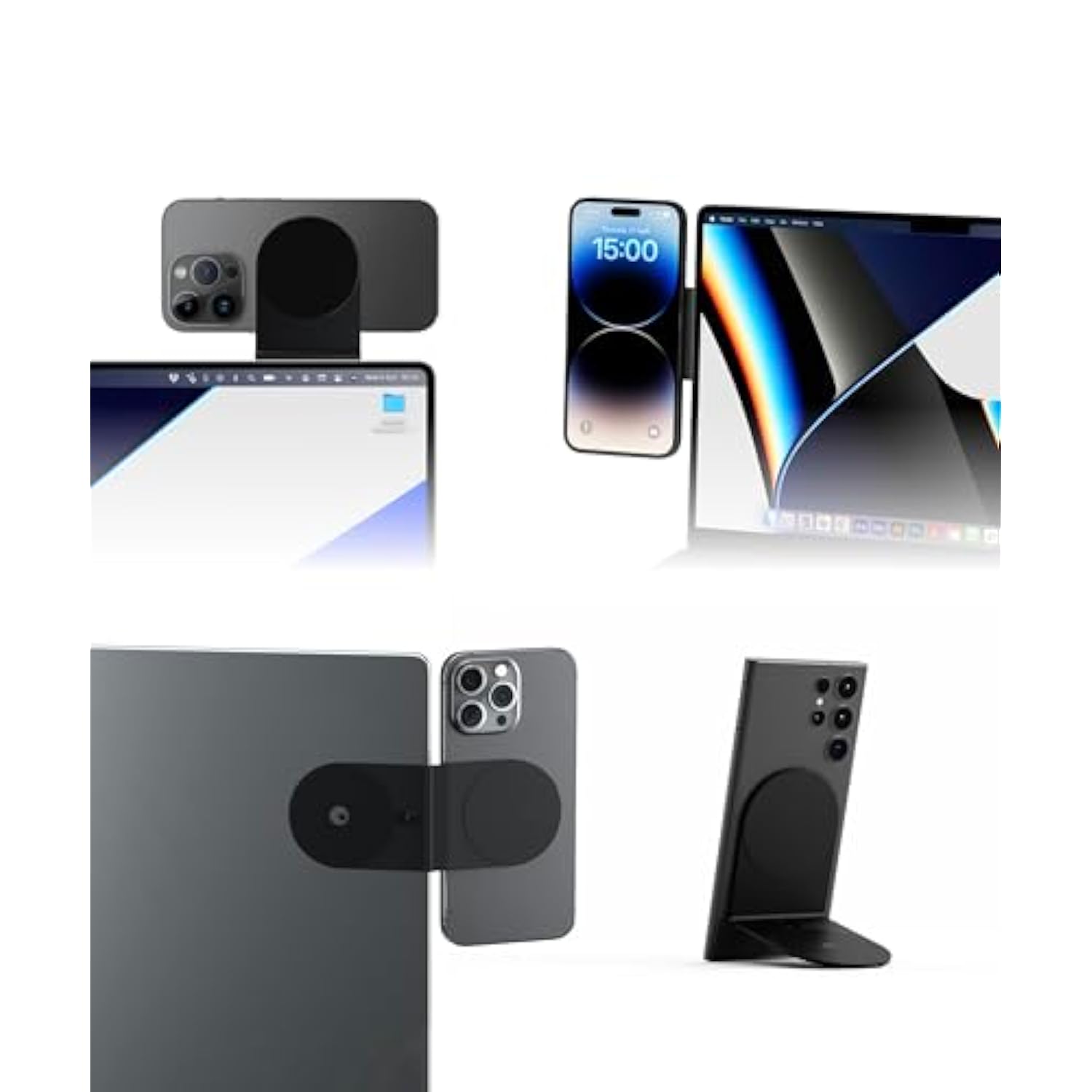 Edge Pro Core - Magnetic Mount Phone Holder Stand For Computers And Tablets | Secure Metal Plate Adhesive Or Standalone Mode Compatible With Magsafe, Qi, And Non-Magsafe Devices, Black