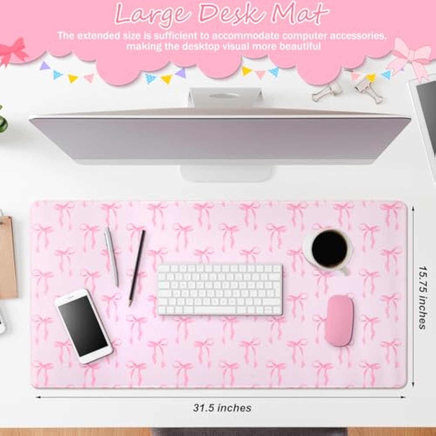 Large Pink Bows Mouse Pads Coquette Kawaii Mouse Pad 31.5 X 15.75 Inches Preppy Trendy Computer Desk Mat For Laptop With Non-Slip Rubber Base Mat Office Accessories Decor For Women