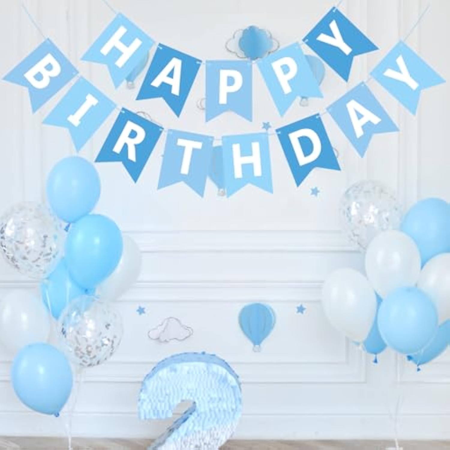 Happy Birthday Banner Light Blue Wall Door Garland with White Letters