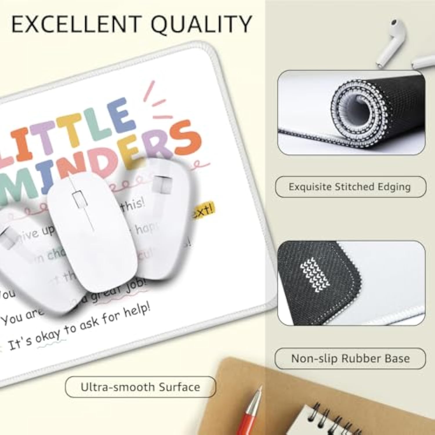 Little Reminders Non-Slip Mouse Pad With Stitched Edge, Funny Inspirational Gifts For Employee, Appreciation Gifts For College Girls, Self Love Gift, Back To School Gifts For College Student