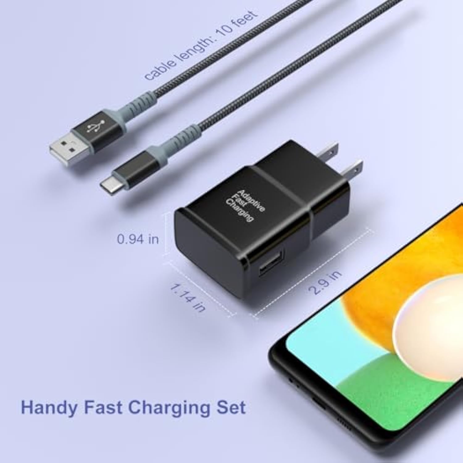 Adaptive Fast Charging Wall Charger With Usb C Cable 10Ft, Fast Charger Power Adapter Usb Type C Cable Fast Charging Compatible With Galaxy S25 S24 S23 S22 S21 S8 S9 S10 A15 A03S Android Phone