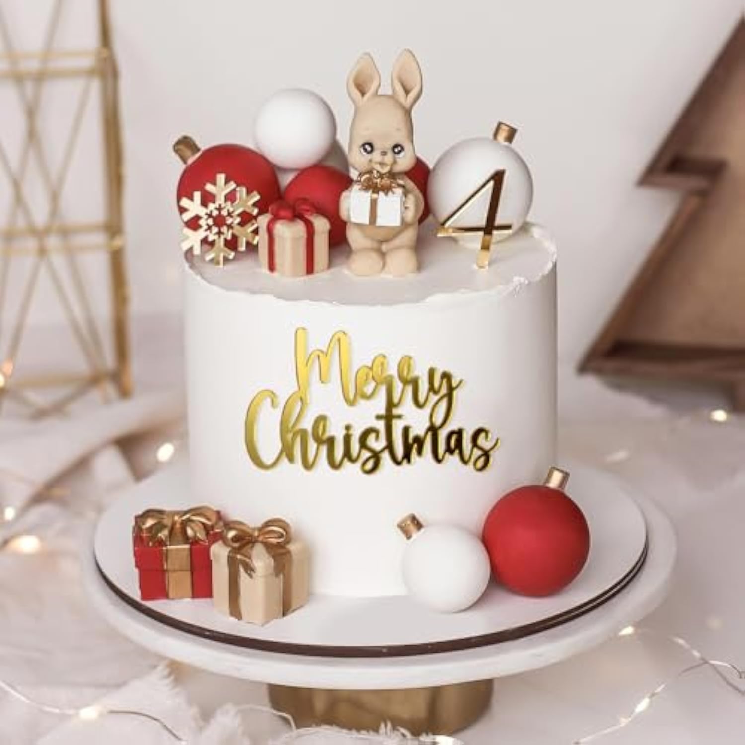 Mirror Gold Merry Christmas Cake Toppers - Acrylic & Side Cake Decorations Kit In Gold