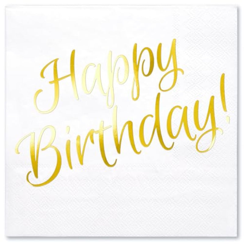 50Pcs Gold Happy Birthday Napkins - 3 Ply Disposable Paper Luncheon Napkin For Birthday Tableware Party Supplies - 6.5 X 6.5 In