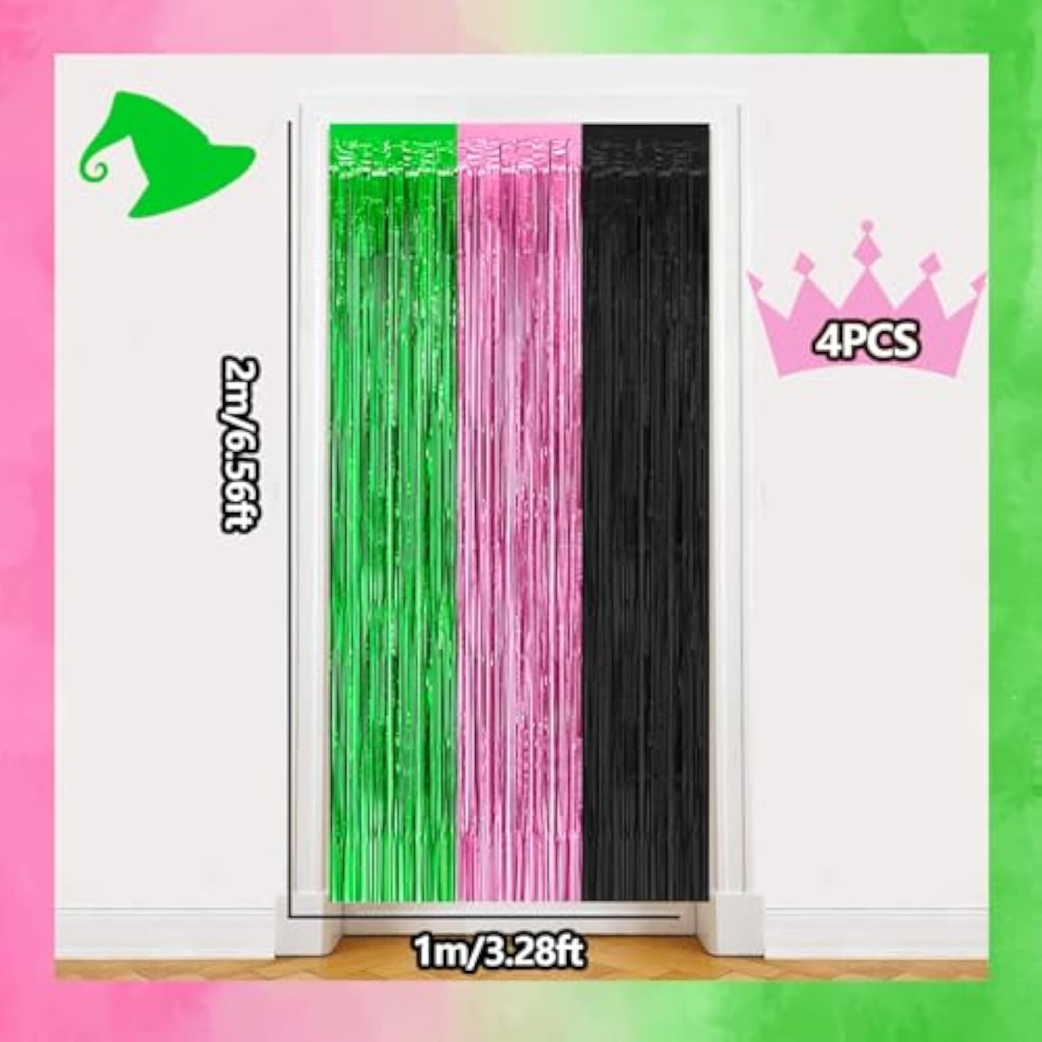 Pink Green Black Foil Fringe Curtains 2 Pack 3.28x6.56ft Party Backdrop