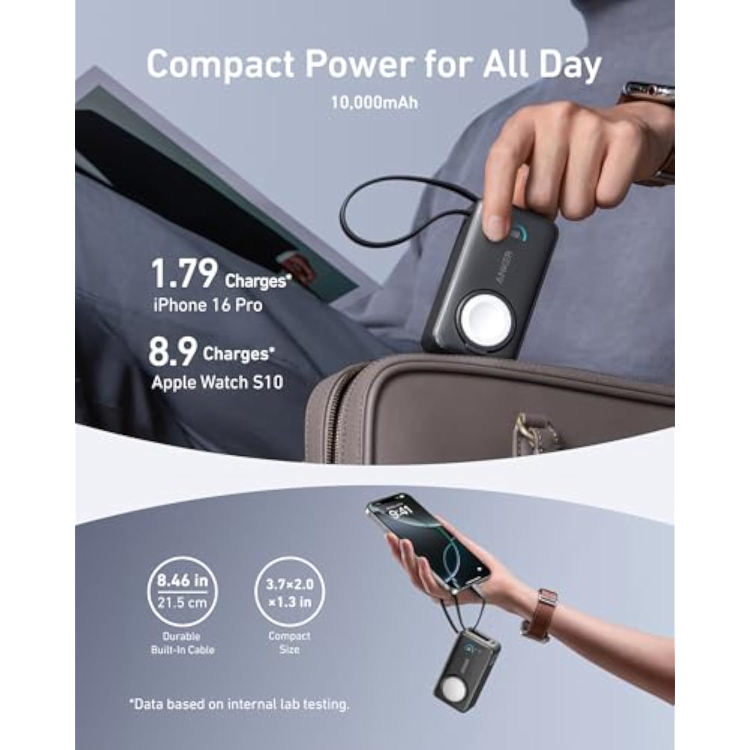 Anker MagGo Power Bank for Apple Watch, Officially Certified 10,000mAh Compact Battery Pack with Built-in USB-C Cable, 35W Max, for iPhone 15 Series, Samsung, iPad, AirPods, and More(Black)