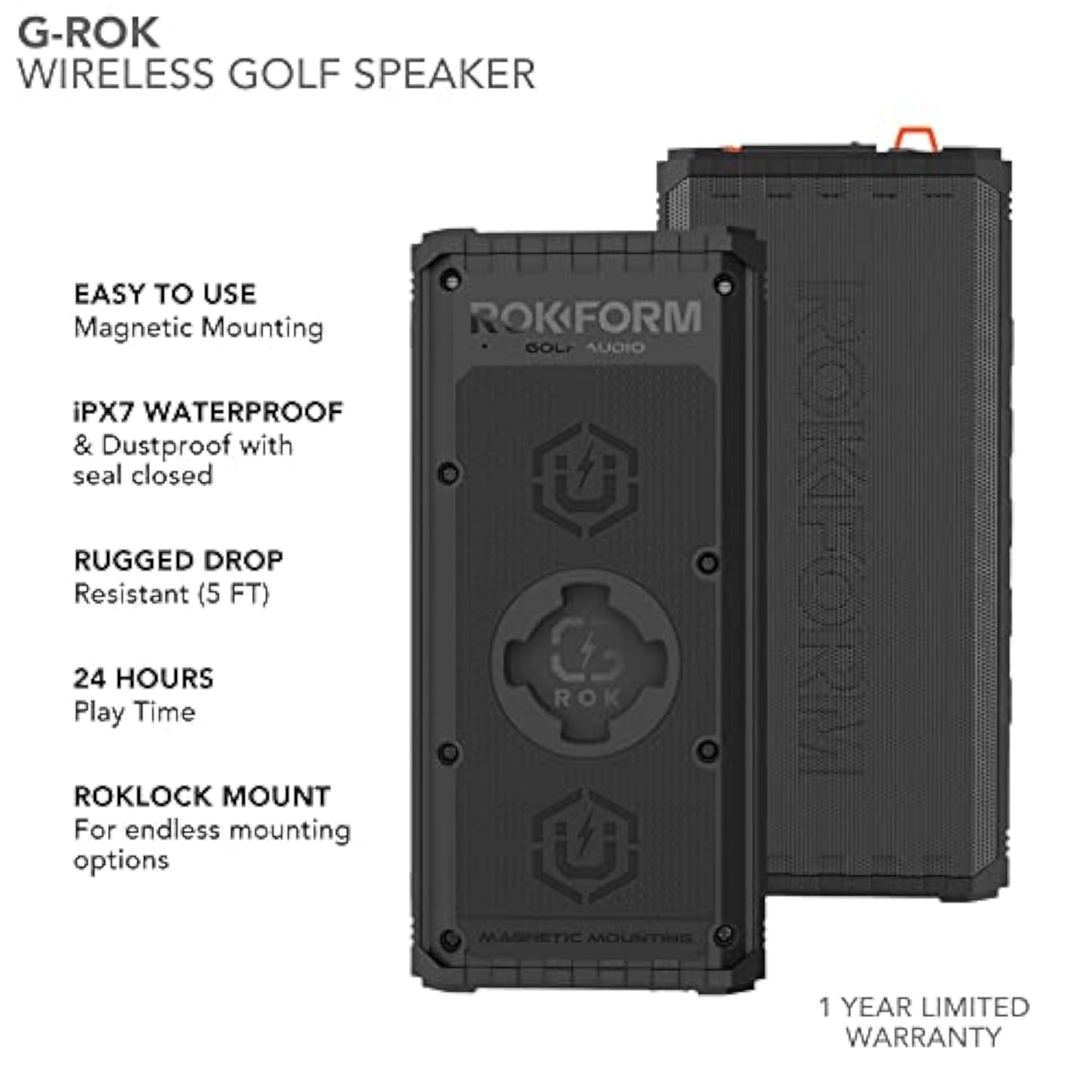 Rokform G-ROK – Wireless Golf Speaker, Portable Magnetic, IPX7 Waterproof, Shockproof & Dustproof, Loud & Clear Sound, 24 Hour Battery, Rugged Outdoor Golf Cart Speaker (Black)