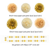 White Gold Champagne Party Decorations - 23Pcs Tissue Pom Poms Streamers,Christmas Wedding Engagement Tassel Garland Banner,Bachelorette Neutral Birthday Baby Bridal Shower Decor