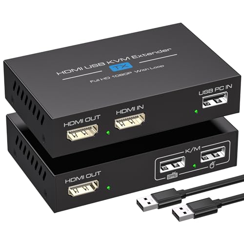 HDMI KVM USB Extender 394ft 120M Over Cat 5e 6 7 1080P Ethernet Balun Transmitter Receiver with Loop Out Function Plug Play for Mouse and Keyboard