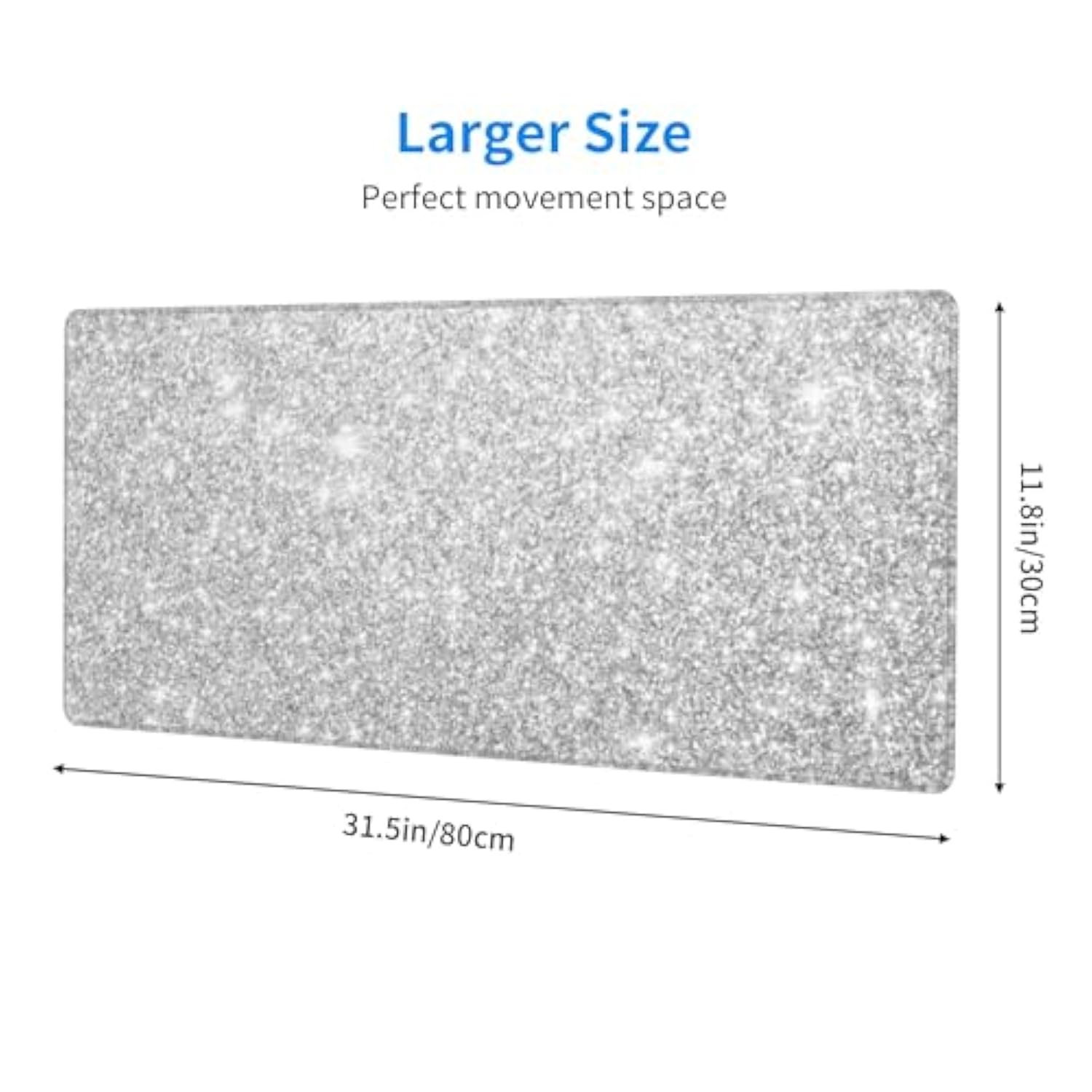 Silver Glitter Large Gaming Mouse Pad 31.5"X11.8" Waterproof Non-Slip Desk Mat For Office/Gaming Keyboard And Mouse With Rubber Base For Home And Work