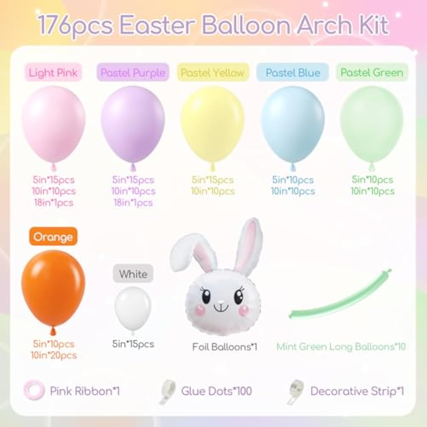 179Pcs Easter Balloon Arch Garland Kit With Pastel Yellow Purple Green Orange Blue Pink Rabbit Carrot Balloons For Baby Shower Birthday Party Decorations