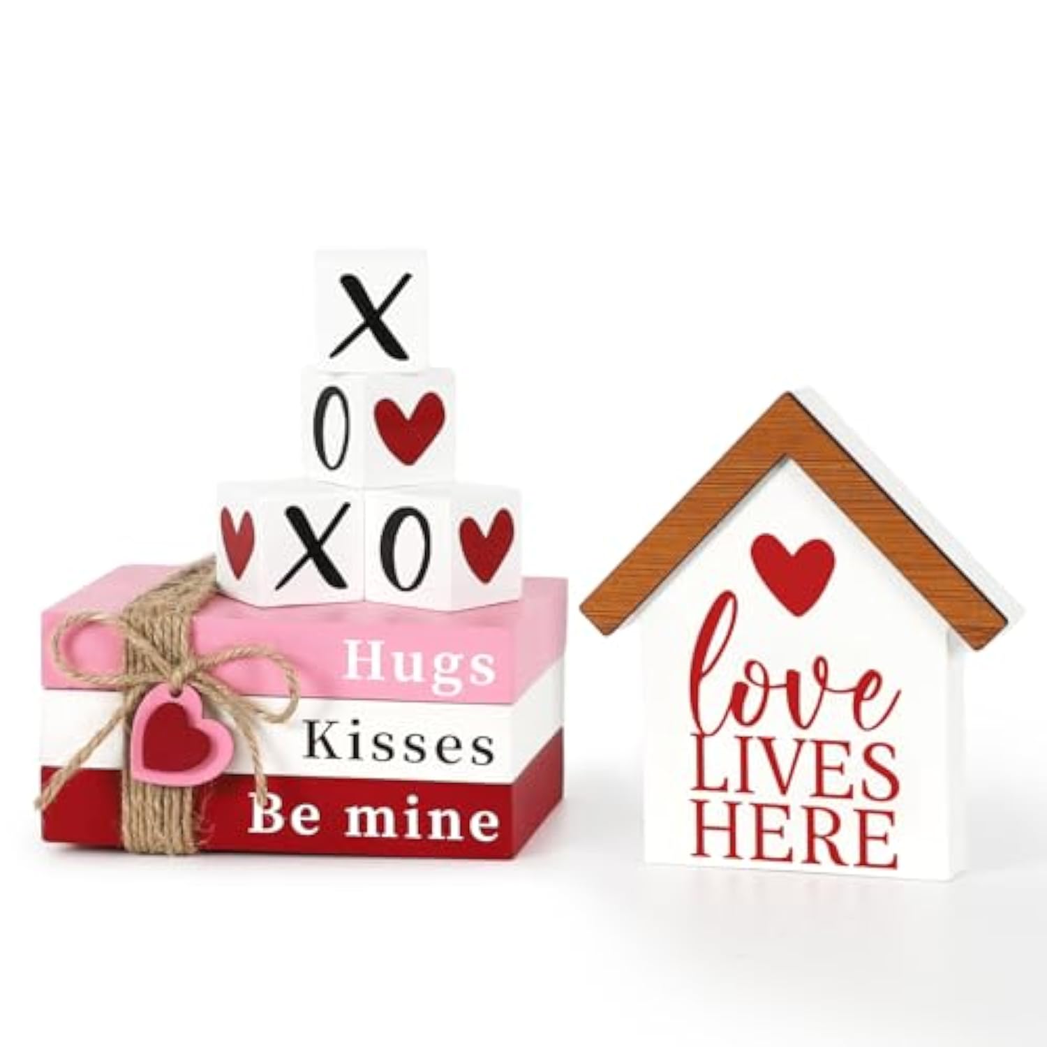 Valentines Day Decorations, Wood Book Stack With Xoxo Blocks For Table Shelf Tiered Tray Decor, Freestanding Valentines Day Decor