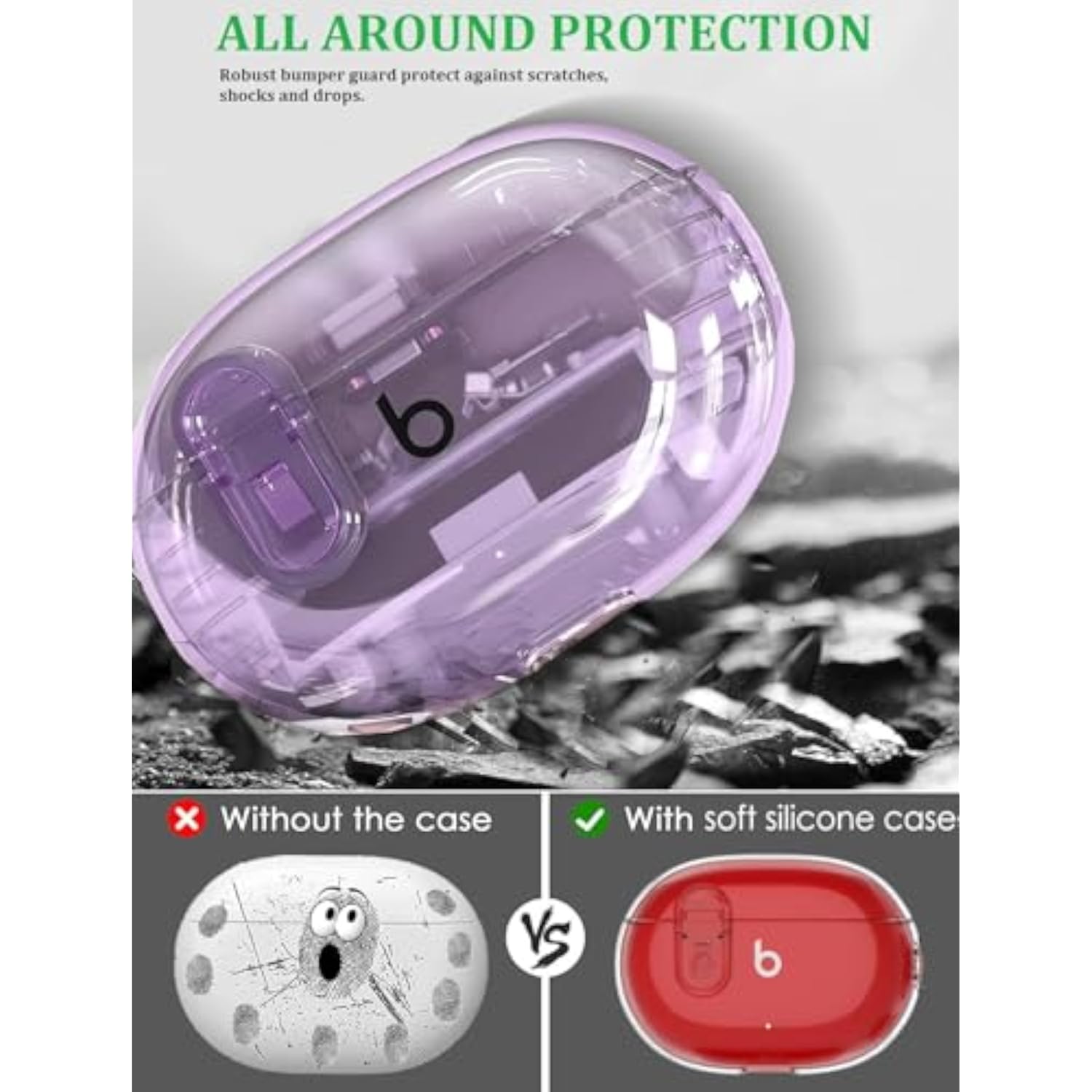 Beats Studio Buds Clear Case with Lock, Soft Transparent TPU Protective Cover Skin with Cleaner Kit & Keychain for Women and Men, Purple