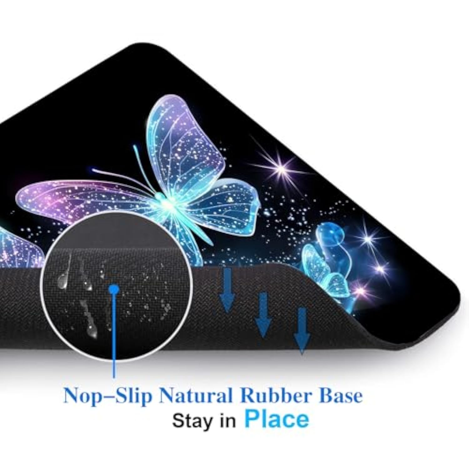 Blue Glitter Butterfly Mouse Pads For Desk, Portable Wireless Computer Mouse Pad Small Design With Women, Non-Slip Rubber Base Laptop Mousepad 9.5" X 7.9" Smooth Surface For Office & Travel