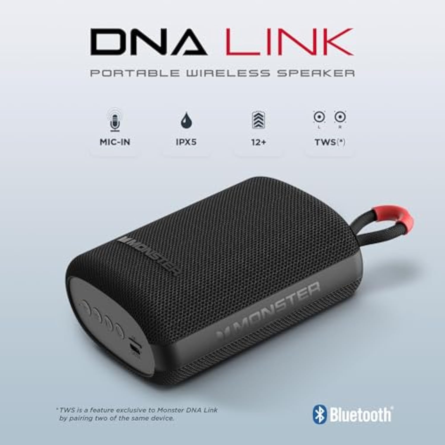 Monster DNA Link Portable Wireless Bluetooth Speaker - IPX5 Water Resistant, 12 Hour Playtime, True Wireless Stereo, Lightweight with Strap and Speakerphone - Perfect Speaker for Outdoors