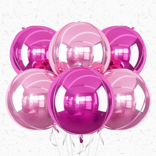 6 Pcs Hot Pink Pink Round Foil Balloons, 22 Inch Giant 4D Metallic Balloons