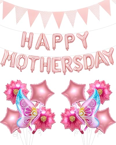 Happy Mother's Day Balloon Set Decoration, Pink Mothers Day Decorations Banner Include Letter, Butterfly, Flower Balloons for Party Women