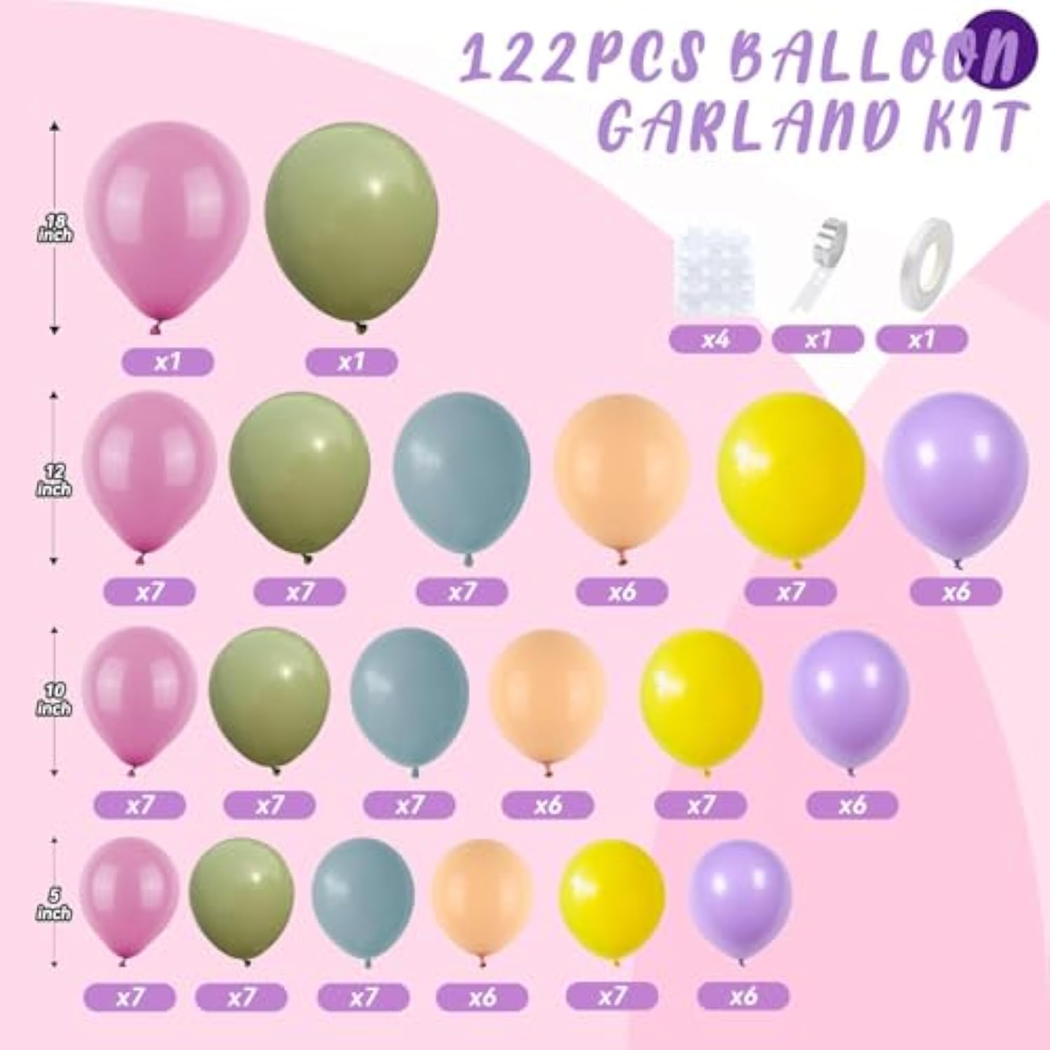 Flower Balloon Arch Kit, 122Pcs Hot Pink Pastel Blue Dusty Green Macaron Orange Lavender Purple Yellow Matte Balloons For Girls Floral-Themed Party Boho Baby Shower Wedding Birthday Decorations