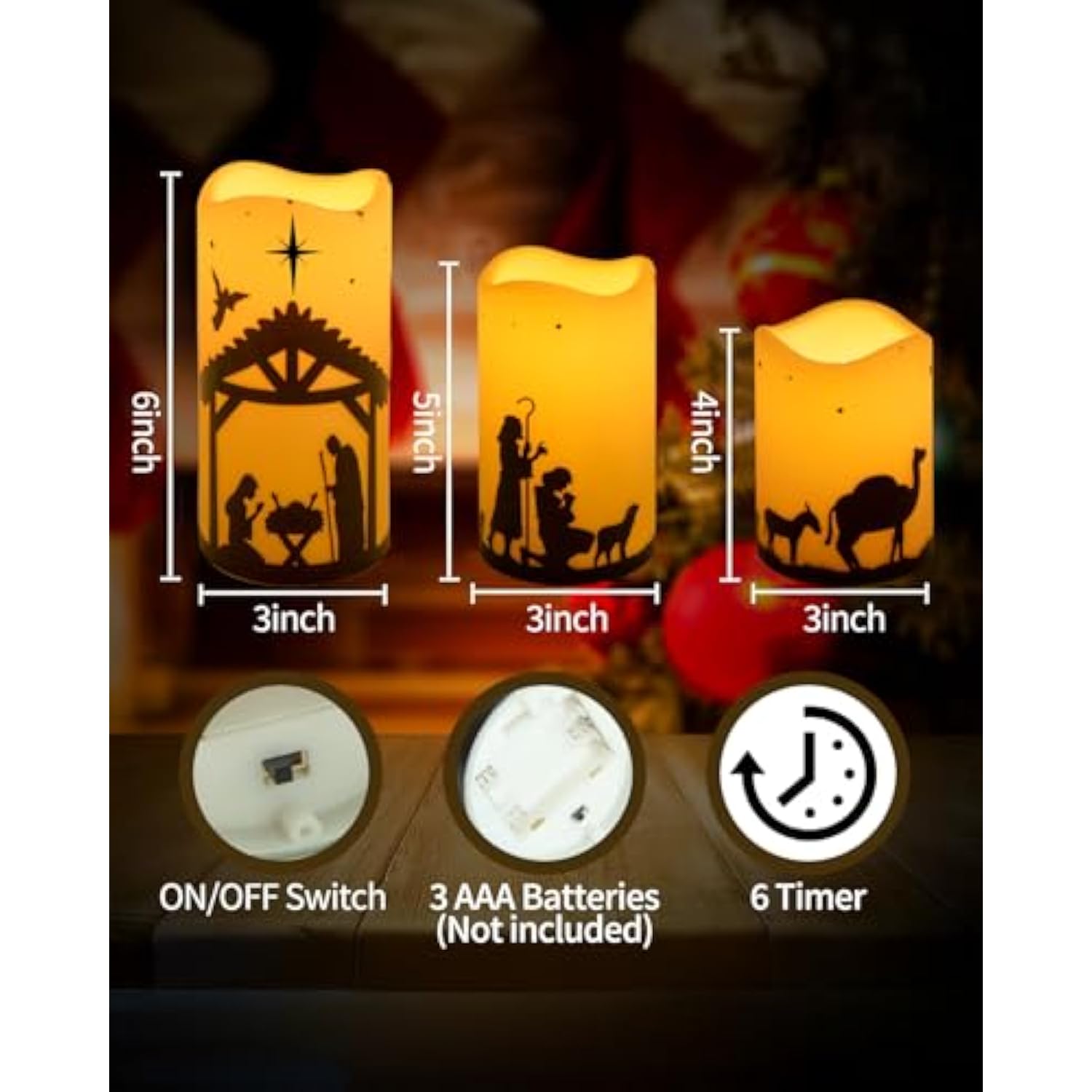 Christmas Nativity Scene Decorations Christmas Religion Led Flameless Candles With Timer For Xmas Holiday Home Decor Supplies Set Of 5 (Beige)