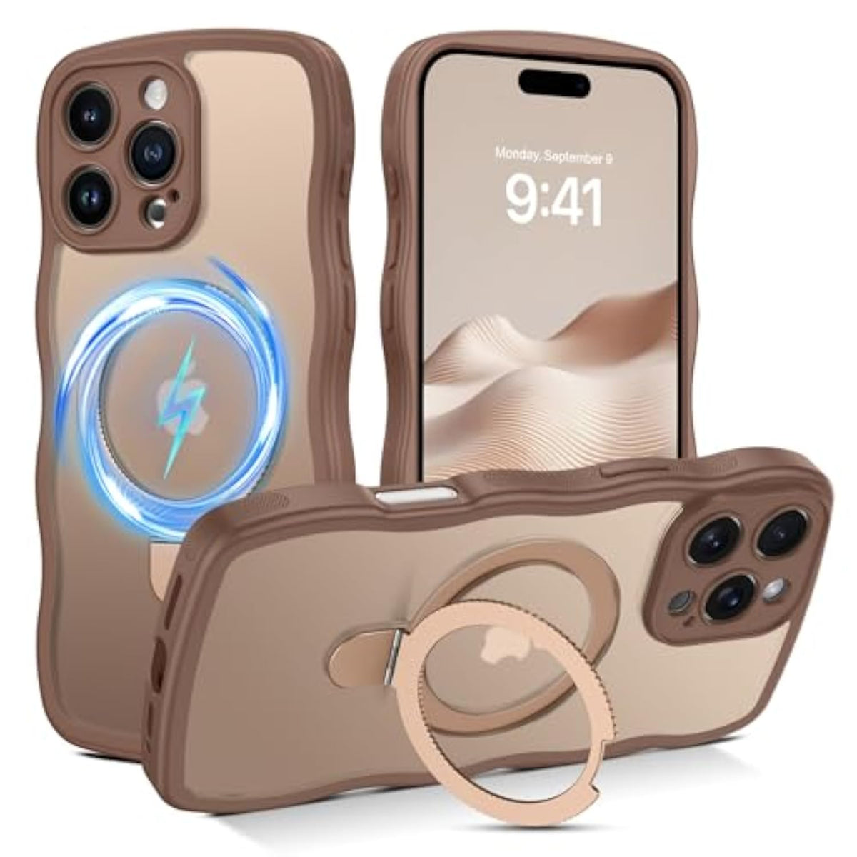 For Magnetic Iphone 16 Pro Max Case 2024, [Compatible With Magsafe] [Curly Wave Frame Design] Non-Slip Easier Grip Kickstand Ring Holder Protective Bumper Cute Phone Cover, Desert Titanium