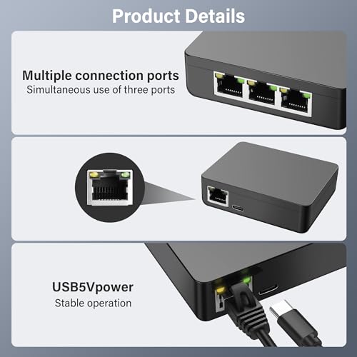 Rj45 Ethernet Splitter 1 To 3 Out 1000Mbps High Speed Gigabit Switch Network Splitter Internet Distributor With Usb Power Cable For Cat5/5E/6/7/8 Cables (3 Computers At The Same Time)