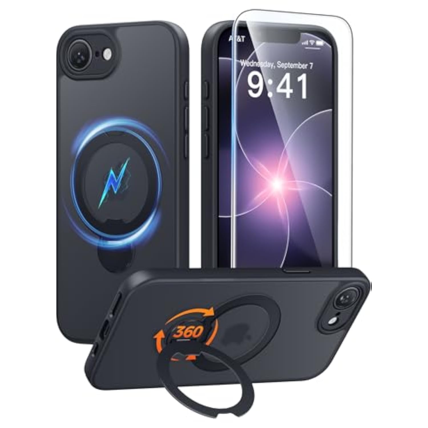 iPhone 17e/16e Case with 360 Spin Magnetic Stand, Black