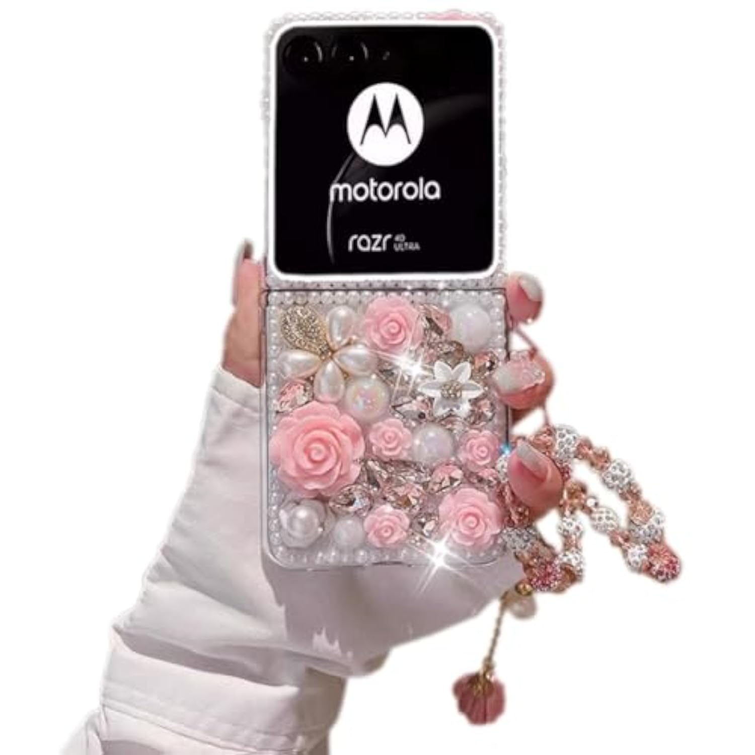 Luxury 3D Crystal Rhinestone Diamond Flowers Sparkle Stunning Stones Pearl Case for Motorola Razr 2026/2025/2024 5G, Cute and Stylish Phone Cover with Wrist Strap for Women and Girls