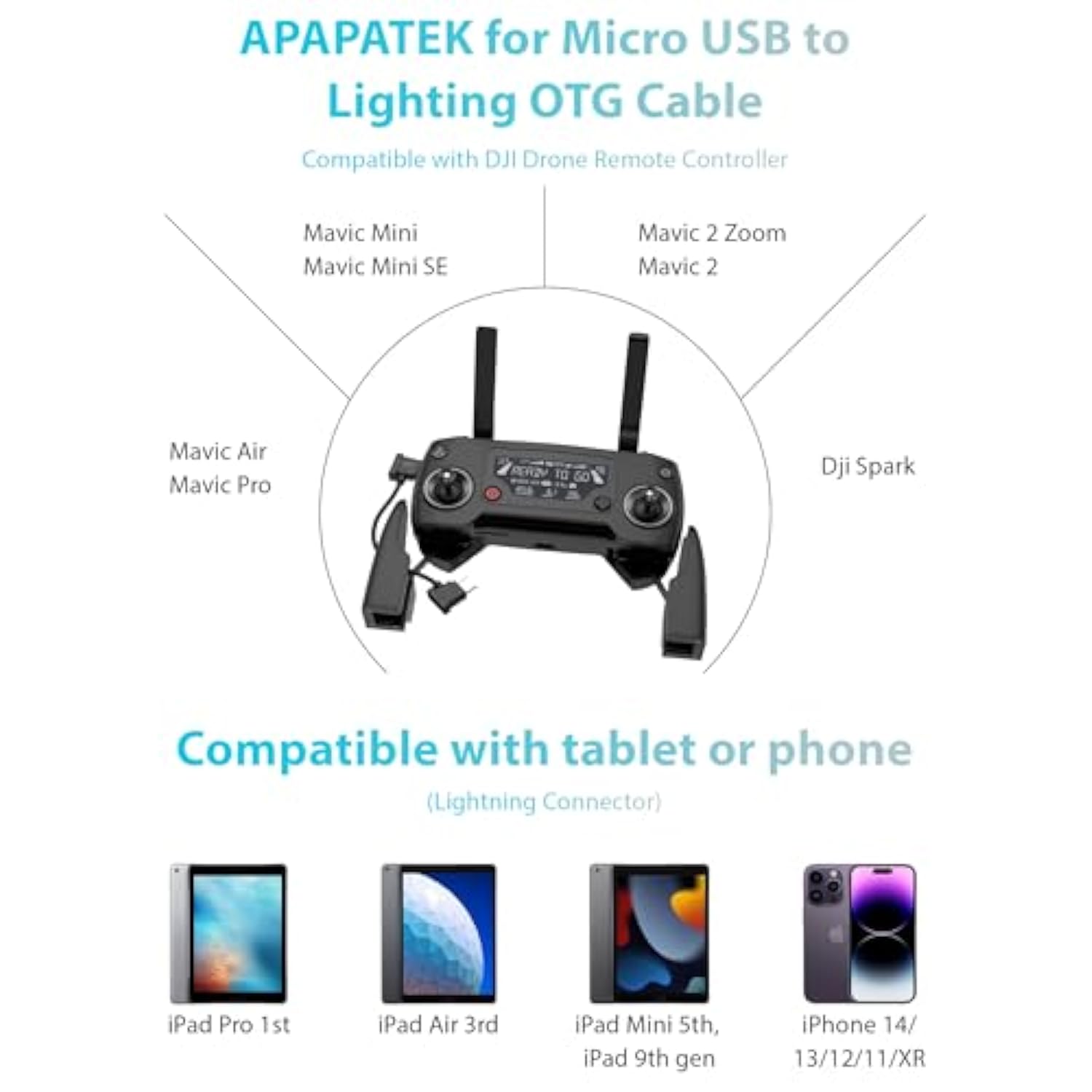 For Ios To Micro Usb Data Cable For Dji Spark, Dji Mavic Pro/Mini 1St & Se/2 Series/Air 1St Drone Controller, Link For Iphone 14 13 12 11 Pro Max Ipad 9Th/8Th/7Th/6Th/5Th Gen (1Ft/30Cm)