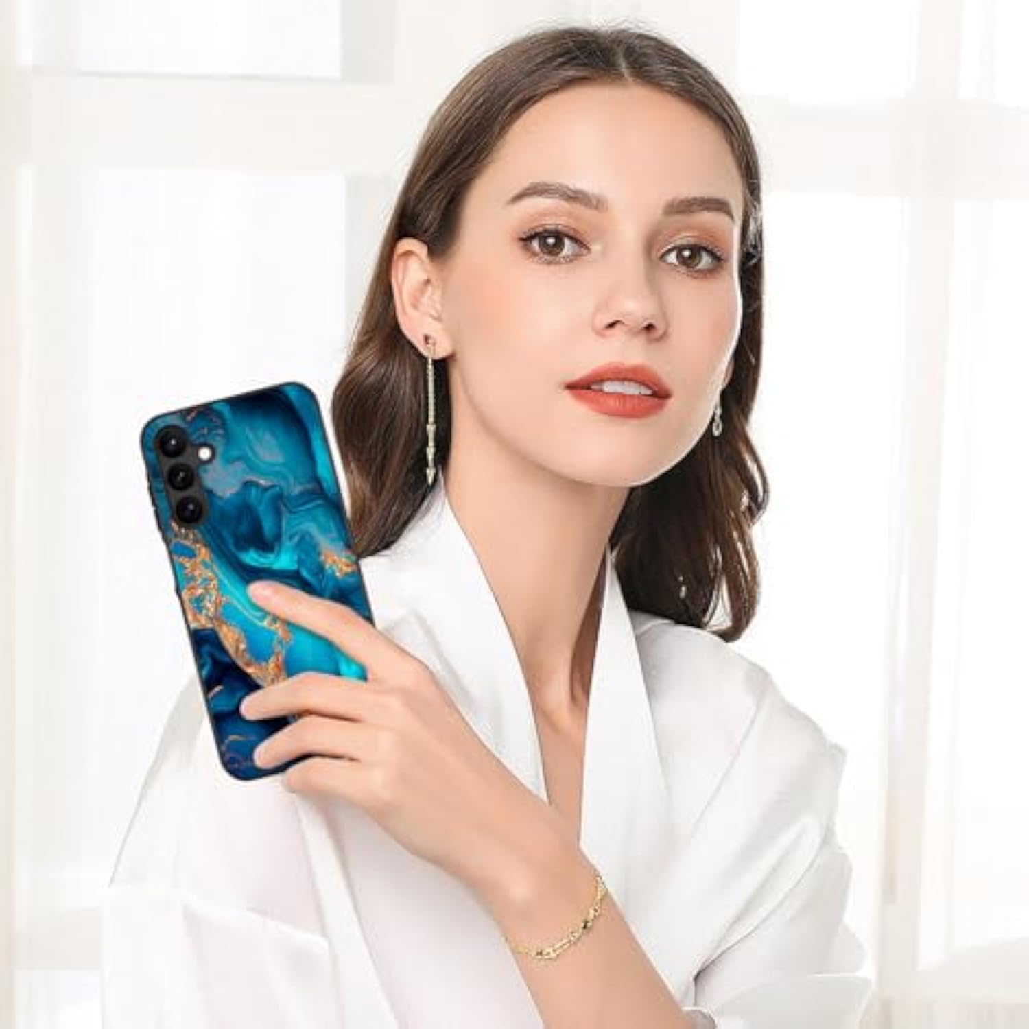 Glow in the Dark Hybrid Hard PC Soft TPU Bumper Drop Protective Case for Samsung Galaxy A15 5G, Blue Marble/Gold