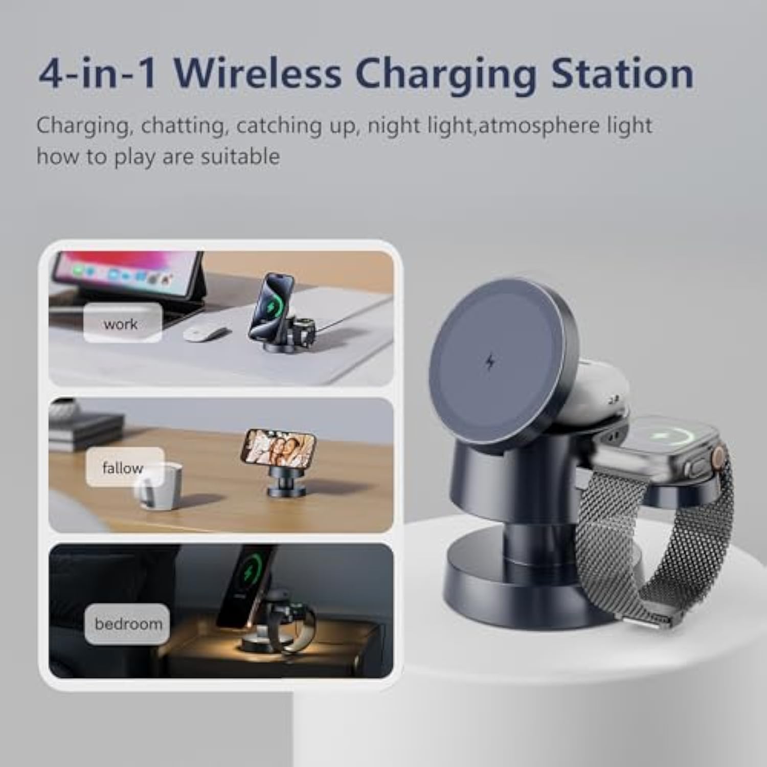 4 In 1 Wireless Charging Station With Night-Lamp For Magsafe Magnetic Fast Charger Iphone Wireless Stand, Travel Charger Multiple Devices For Iphone 16 15 Pro Max Airpods Apple Watch Ultra