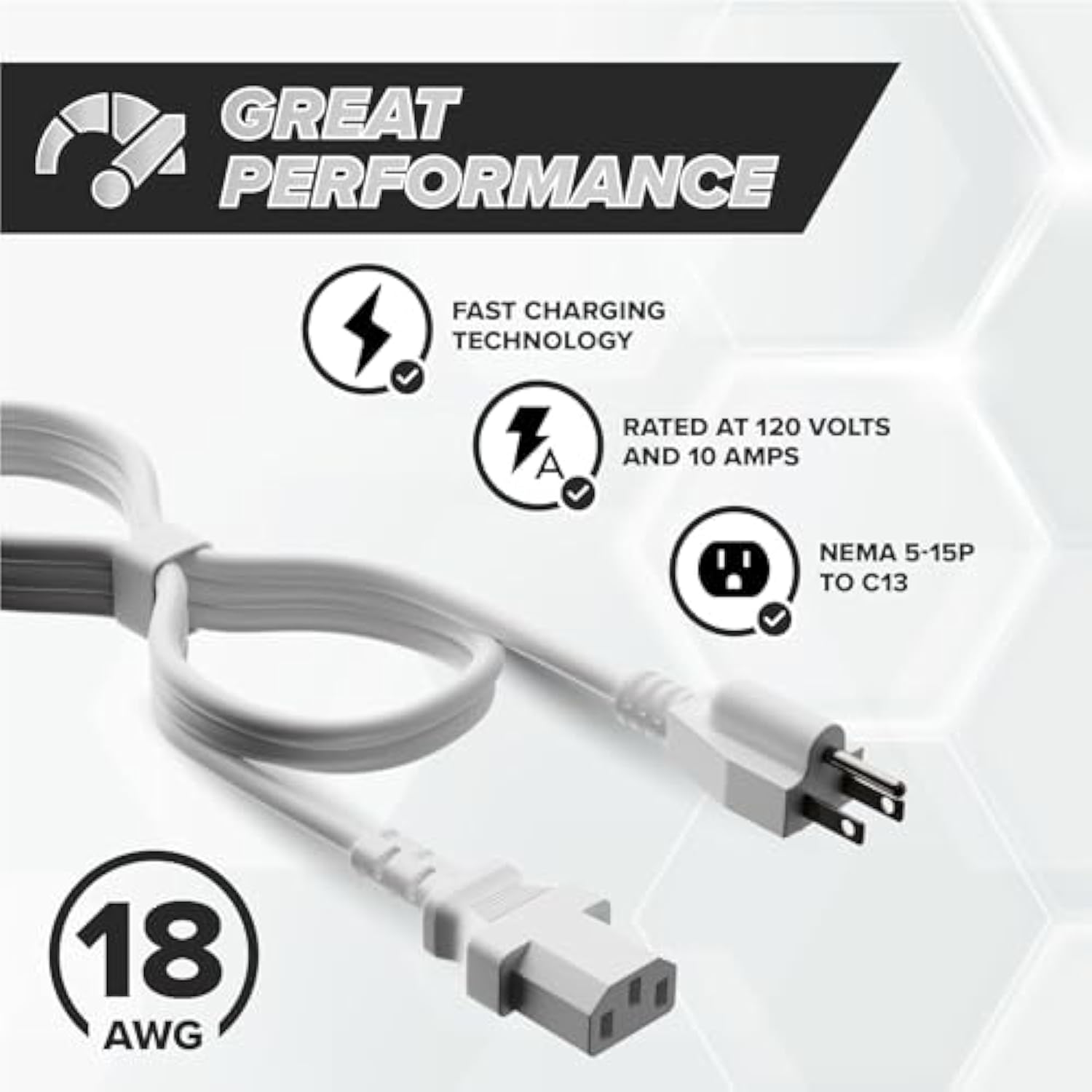 THE CIMPLE CO 10 Feet - 3 Prong AC Power Cable for Computer, Medical, Server, & Desktop - 10 ft Three Prong Power Supply Cord - C13 Power Cord - NEMA 5-15P to C13 / IEC 320-10 Foot (3 Meter), White