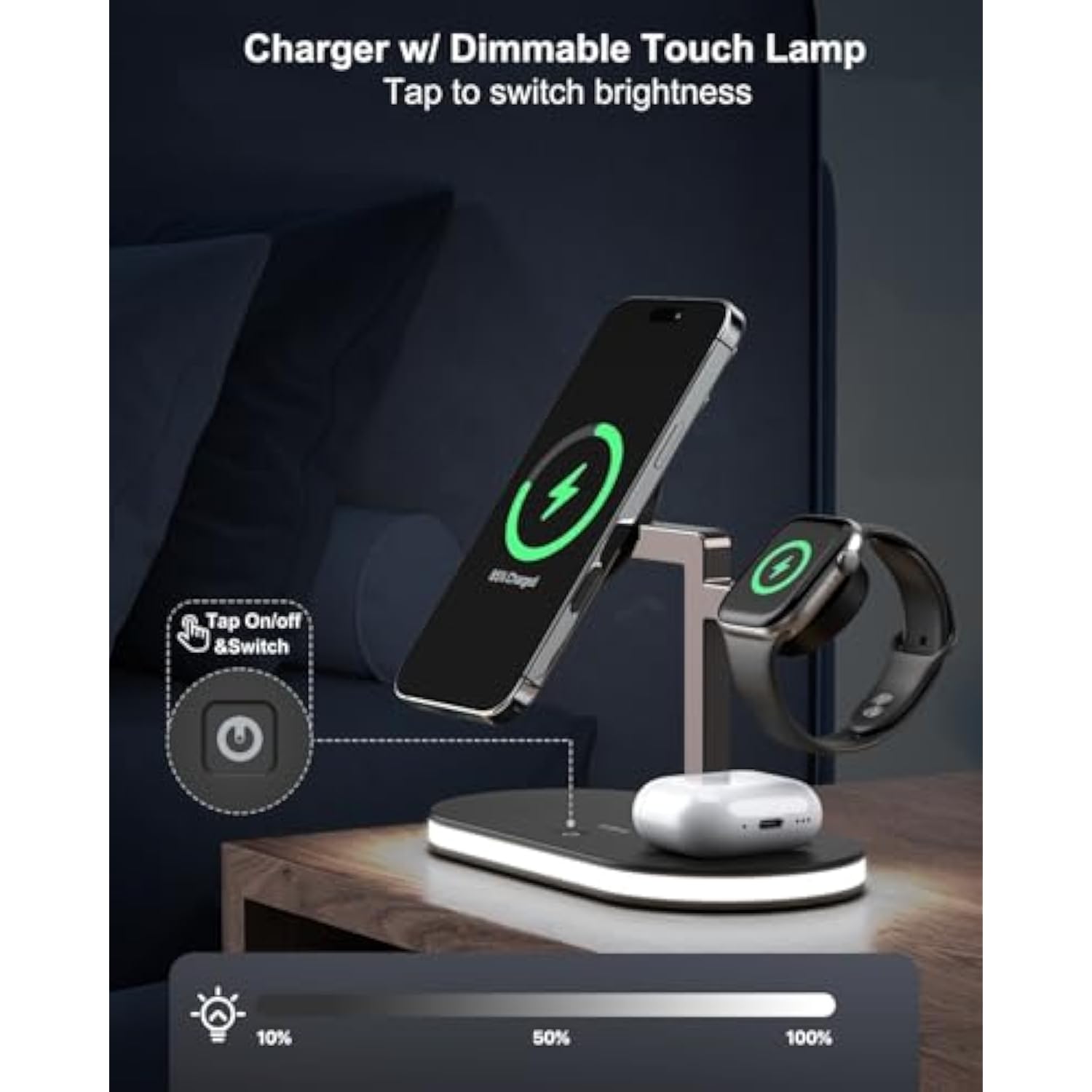 4 In 1 Wireless Charging Station For Apple Magsafe Charger,Fast Charging Magnetic Wireless Charger Stand With Night Light For Iphone 16 15 14 13 12 Series,Apple Watch,Airpods Pro 2 3 4 (Black)