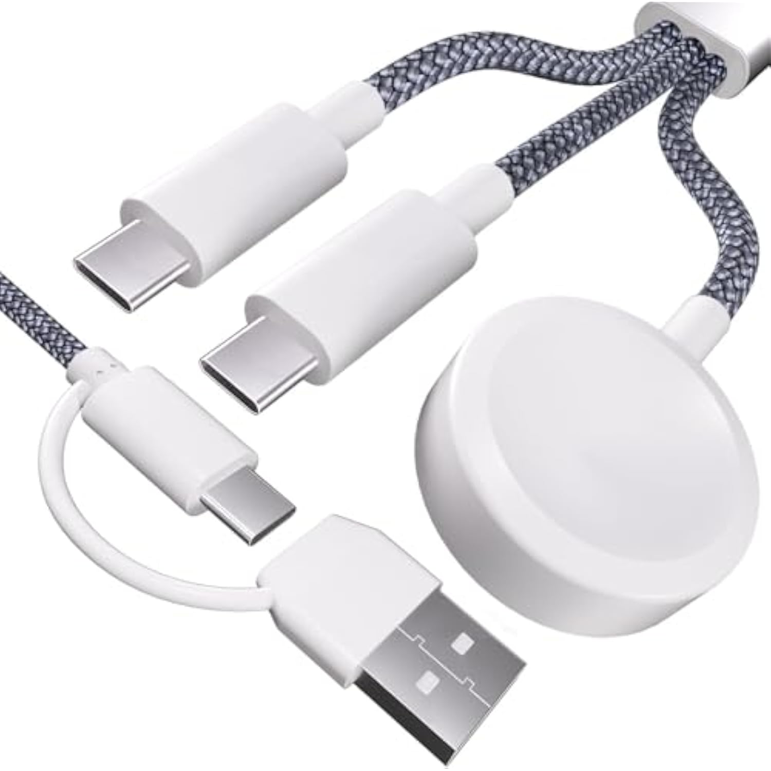 3 In 2 Fast Charger Cable, All In One Combo Thick Braided Usb C (Usb A) Travel Multi Device Charging Cord, Compatible With Apple Watch Ultra Se Series1-10, For Iphone 15 16, 4Ft/1.2M-Grey