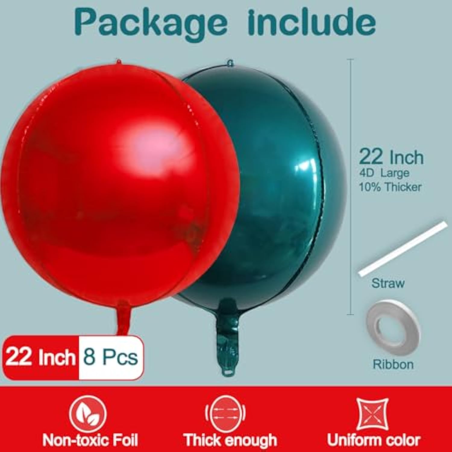 8-Piece 22-Inch Red and Dark Green Metallic Balloons for Holiday and Party Decor