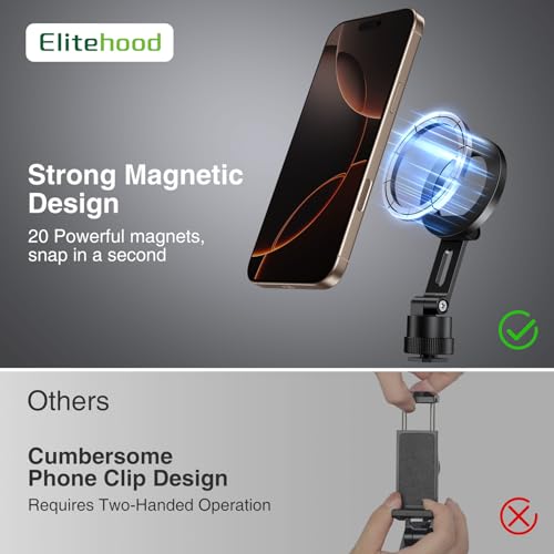 Magnetic Magsafe Tripod Phone Mount Holder, Foldable Phone Holder for Tripod Attachment with 1/4 Screw & Cold Shoe, All Aluminum iPhone Mount Adapter